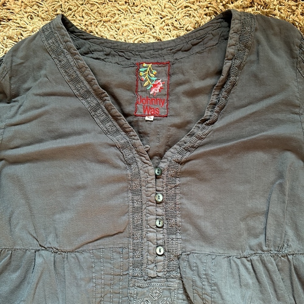 Johnny Was Boho Cottagecore Whimsigoth Navy Babydoll Lace Flowy Blouse SzXL - Picture 3 of 6